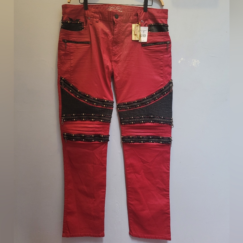 Robin's Jean The Show Moto Biker Embellished Zippers Studded Red 40 X 34 NWT